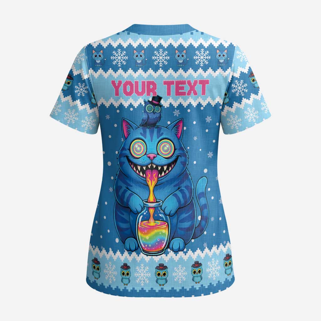 Personalized Trippy Catmas Scrub Top Cute Blue Derpy Cat and Owl Companion - Wonder Print Shop