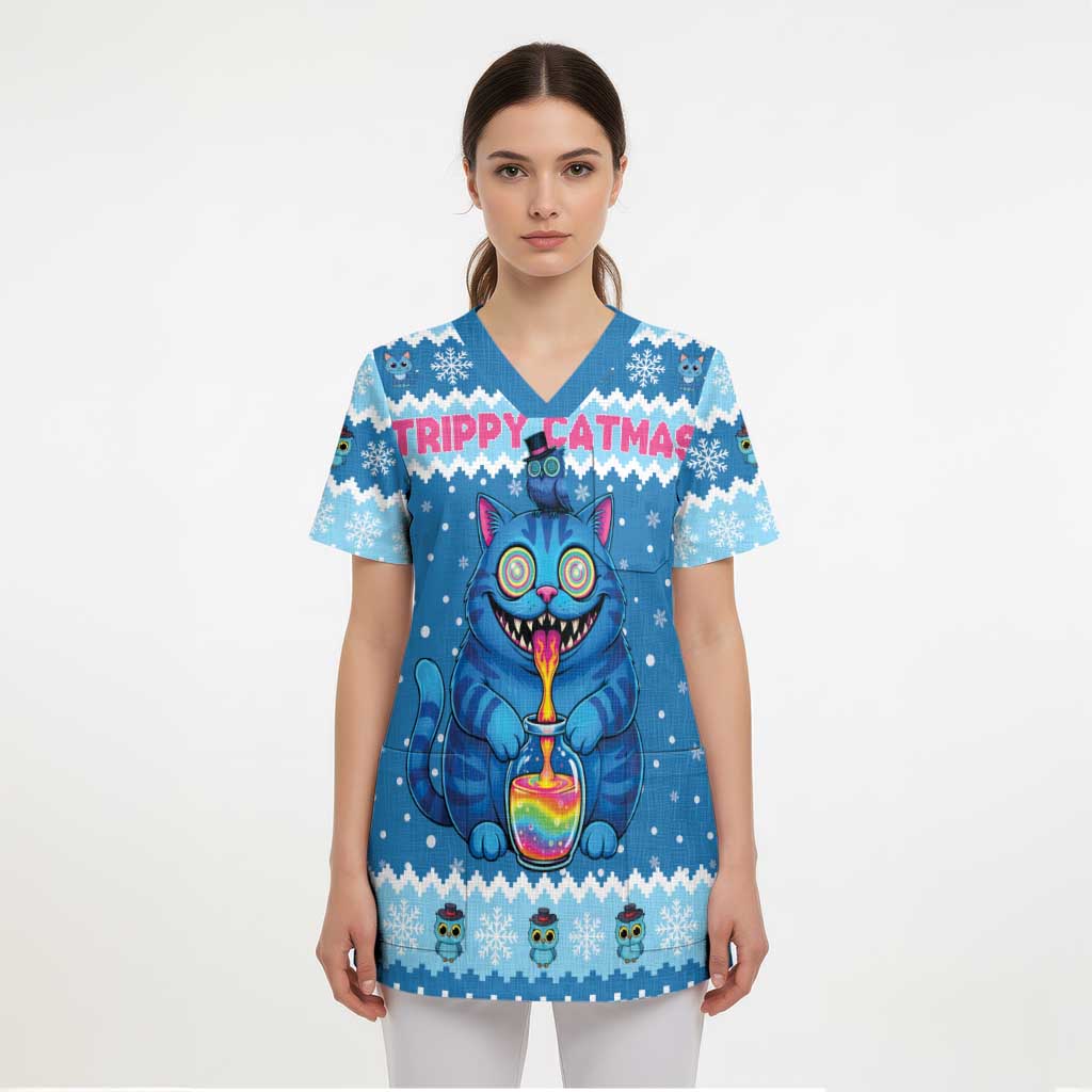 Personalized Trippy Catmas Scrub Top Cute Blue Derpy Cat and Owl Companion - Wonder Print Shop