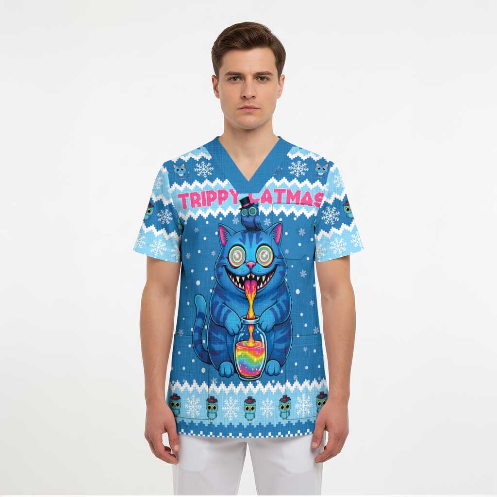 Personalized Trippy Catmas Scrub Top Cute Blue Derpy Cat and Owl Companion - Wonder Print Shop