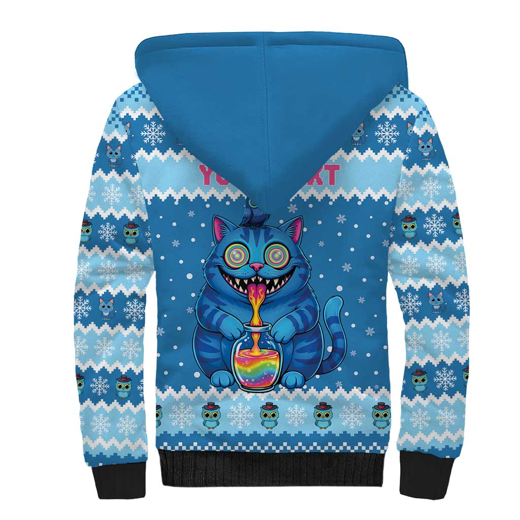 Personalized Trippy Catmas Sherpa Hoodie Cute Blue Derpy Cat and Owl Companion - Wonder Print Shop