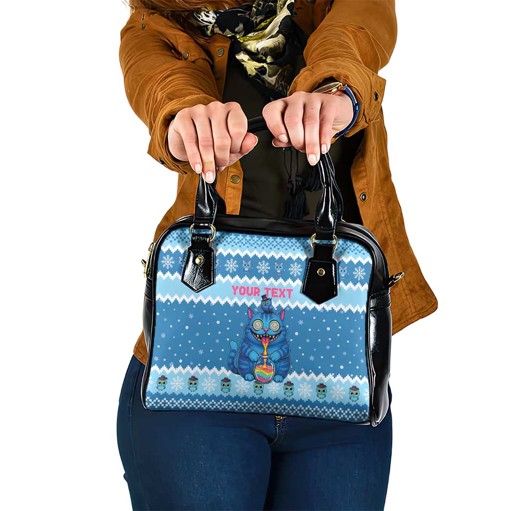 Personalized Trippy Catmas Shoulder Handbag Cute Blue Derpy Cat and Owl Companion - Wonder Print Shop