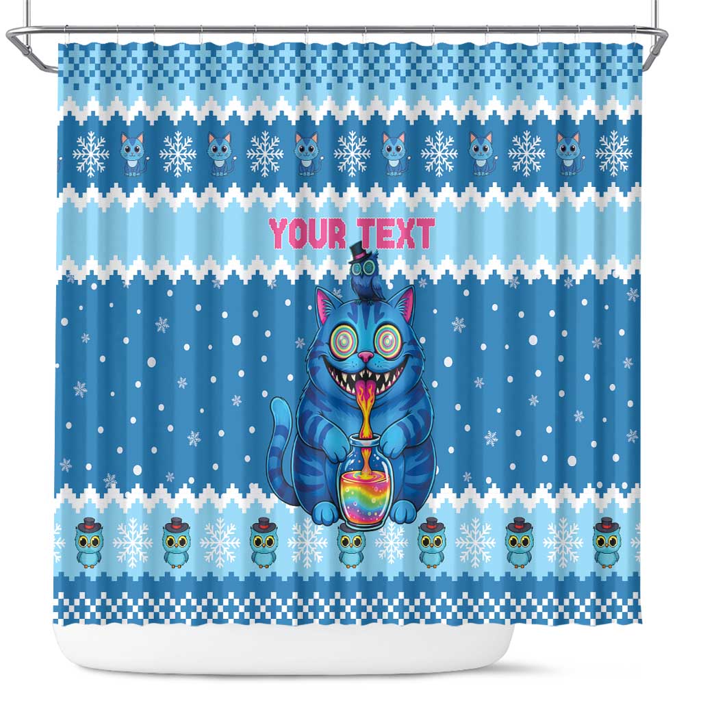 Personalized Trippy Catmas Shower Curtain Cute Blue Derpy Cat and Owl Companion - Wonder Print Shop
