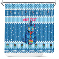 Personalized Trippy Catmas Shower Curtain Cute Blue Derpy Cat and Owl Companion - Wonder Print Shop