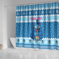 Personalized Trippy Catmas Shower Curtain Cute Blue Derpy Cat and Owl Companion - Wonder Print Shop
