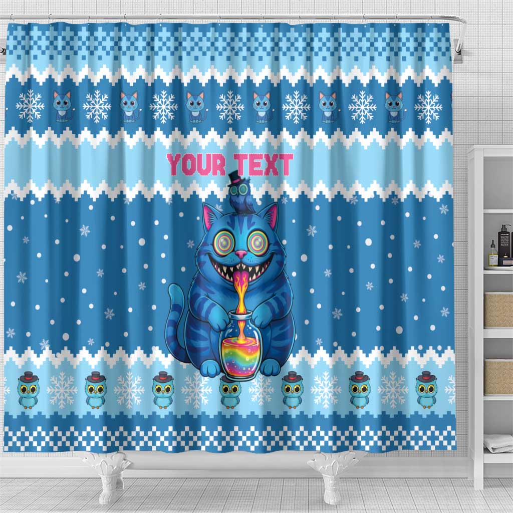 Personalized Trippy Catmas Shower Curtain Cute Blue Derpy Cat and Owl Companion - Wonder Print Shop