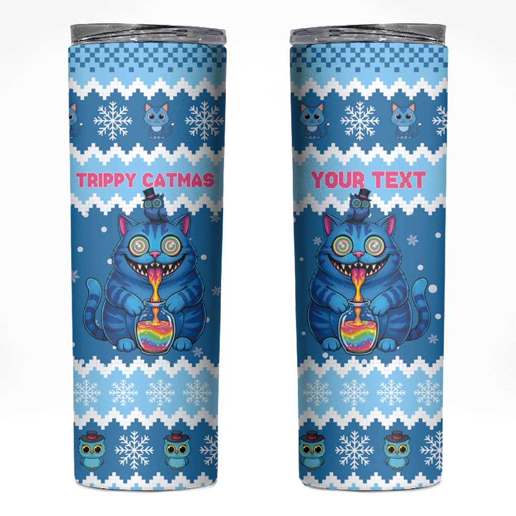 Personalized Trippy Catmas Skinny Tumbler Cute Blue Derpy Cat and Owl Companion - Wonder Print Shop