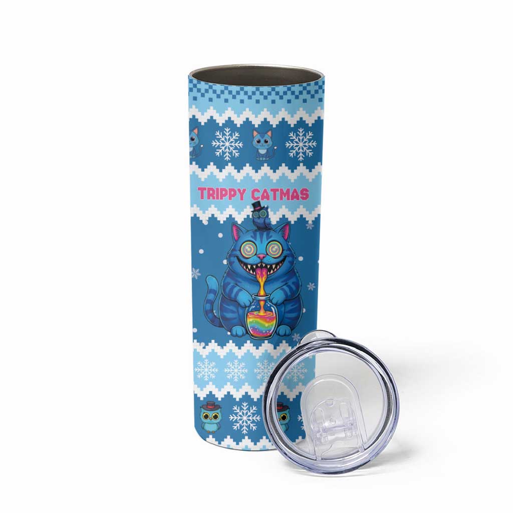 Personalized Trippy Catmas Skinny Tumbler Cute Blue Derpy Cat and Owl Companion - Wonder Print Shop