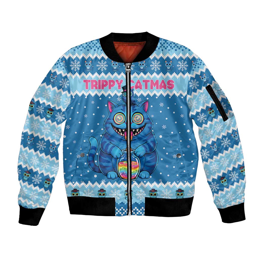Personalized Trippy Catmas Sleeve Zip Bomber Jacket Cute Blue Derpy Cat and Owl Companion - Wonder Print Shop