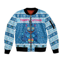 Personalized Trippy Catmas Sleeve Zip Bomber Jacket Cute Blue Derpy Cat and Owl Companion - Wonder Print Shop