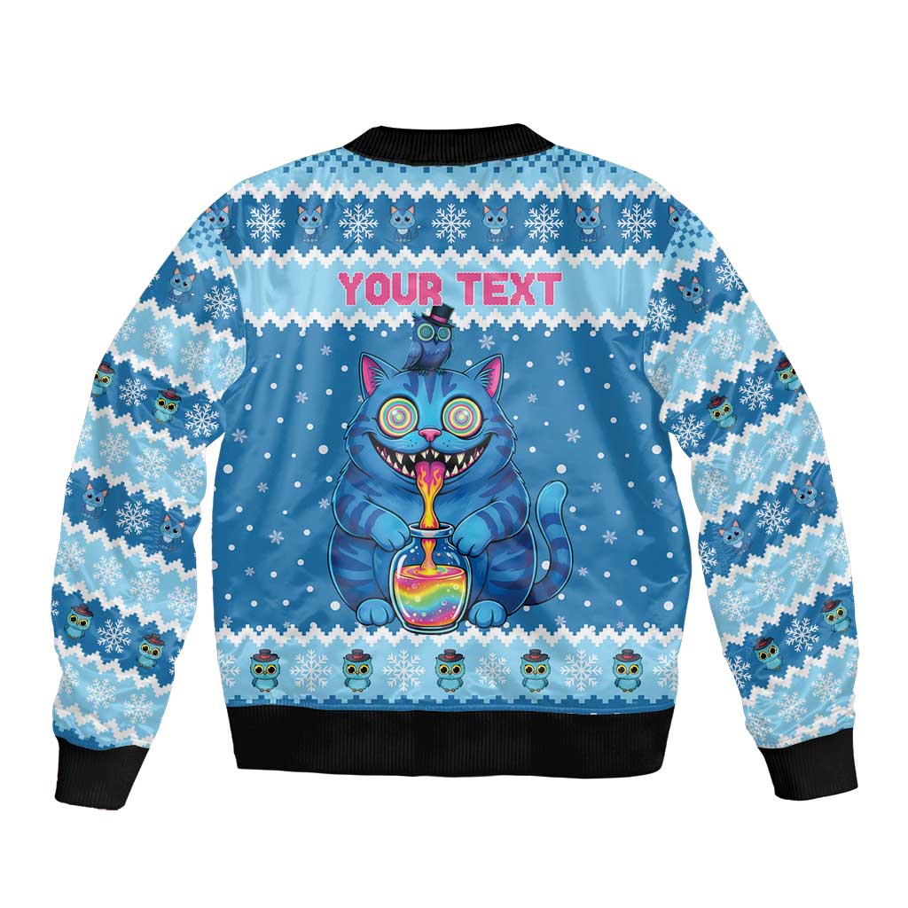 Personalized Trippy Catmas Sleeve Zip Bomber Jacket Cute Blue Derpy Cat and Owl Companion - Wonder Print Shop