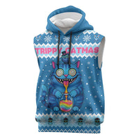 Personalized Trippy Catmas Sleeveless Hoodie Cute Blue Derpy Cat and Owl Companion - Wonder Print Shop