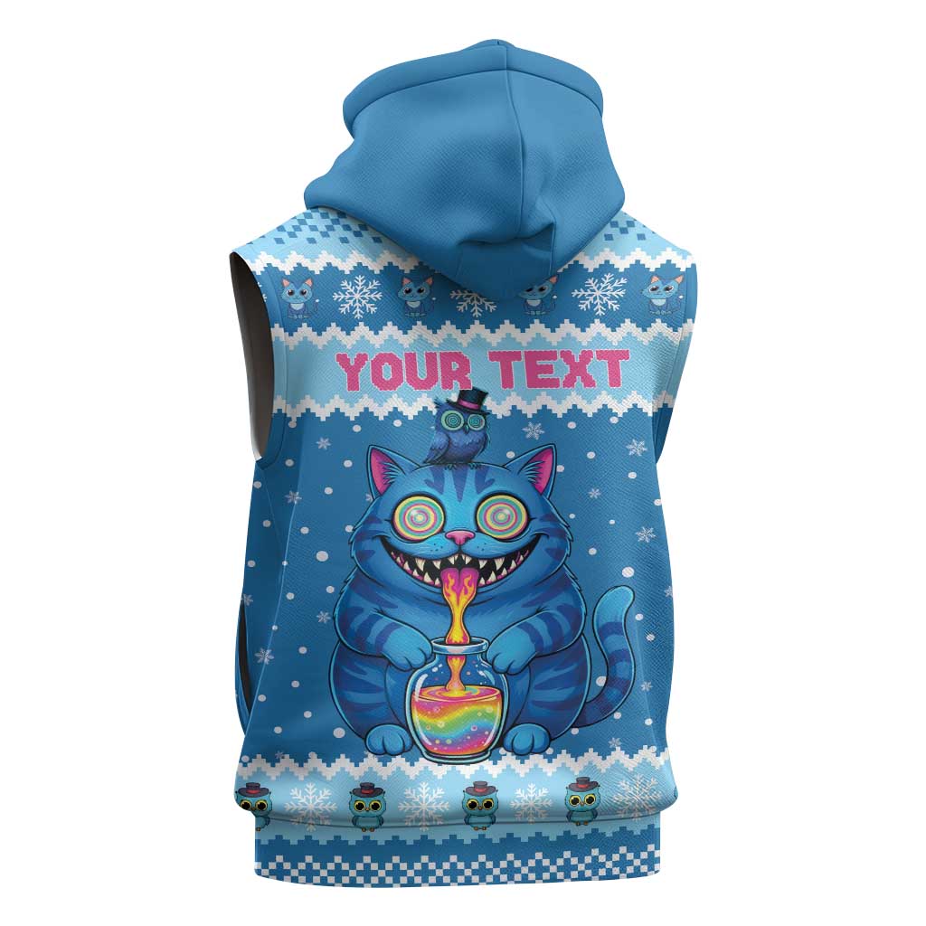 Personalized Trippy Catmas Sleeveless Hoodie Cute Blue Derpy Cat and Owl Companion - Wonder Print Shop