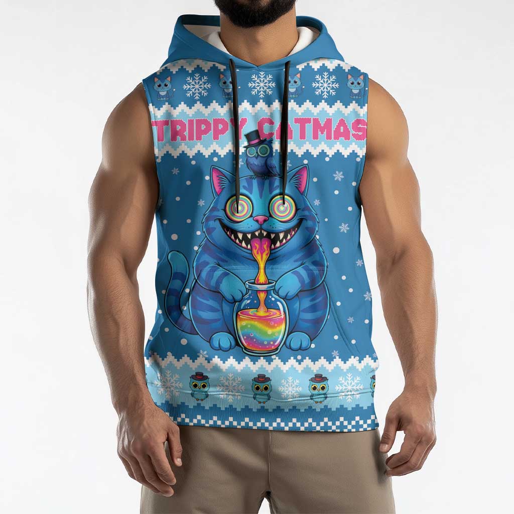 Personalized Trippy Catmas Sleeveless Hoodie Cute Blue Derpy Cat and Owl Companion - Wonder Print Shop
