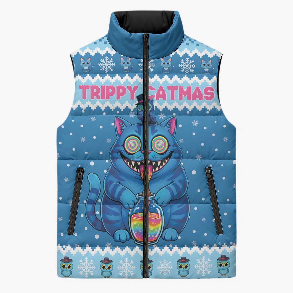 Personalized Trippy Catmas Sleeveless Puffer Jacket Cute Blue Derpy Cat and Owl Companion - Wonder Print Shop
