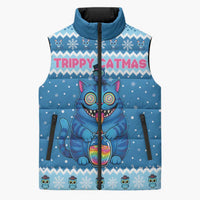 Personalized Trippy Catmas Sleeveless Puffer Jacket Cute Blue Derpy Cat and Owl Companion - Wonder Print Shop