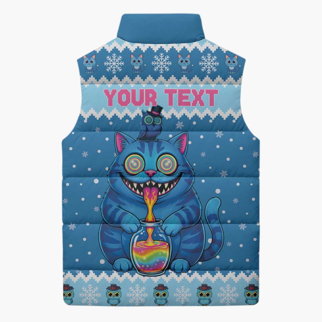 Personalized Trippy Catmas Sleeveless Puffer Jacket Cute Blue Derpy Cat and Owl Companion - Wonder Print Shop