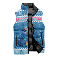 Personalized Trippy Catmas Sleeveless Puffer Jacket Cute Blue Derpy Cat and Owl Companion - Wonder Print Shop