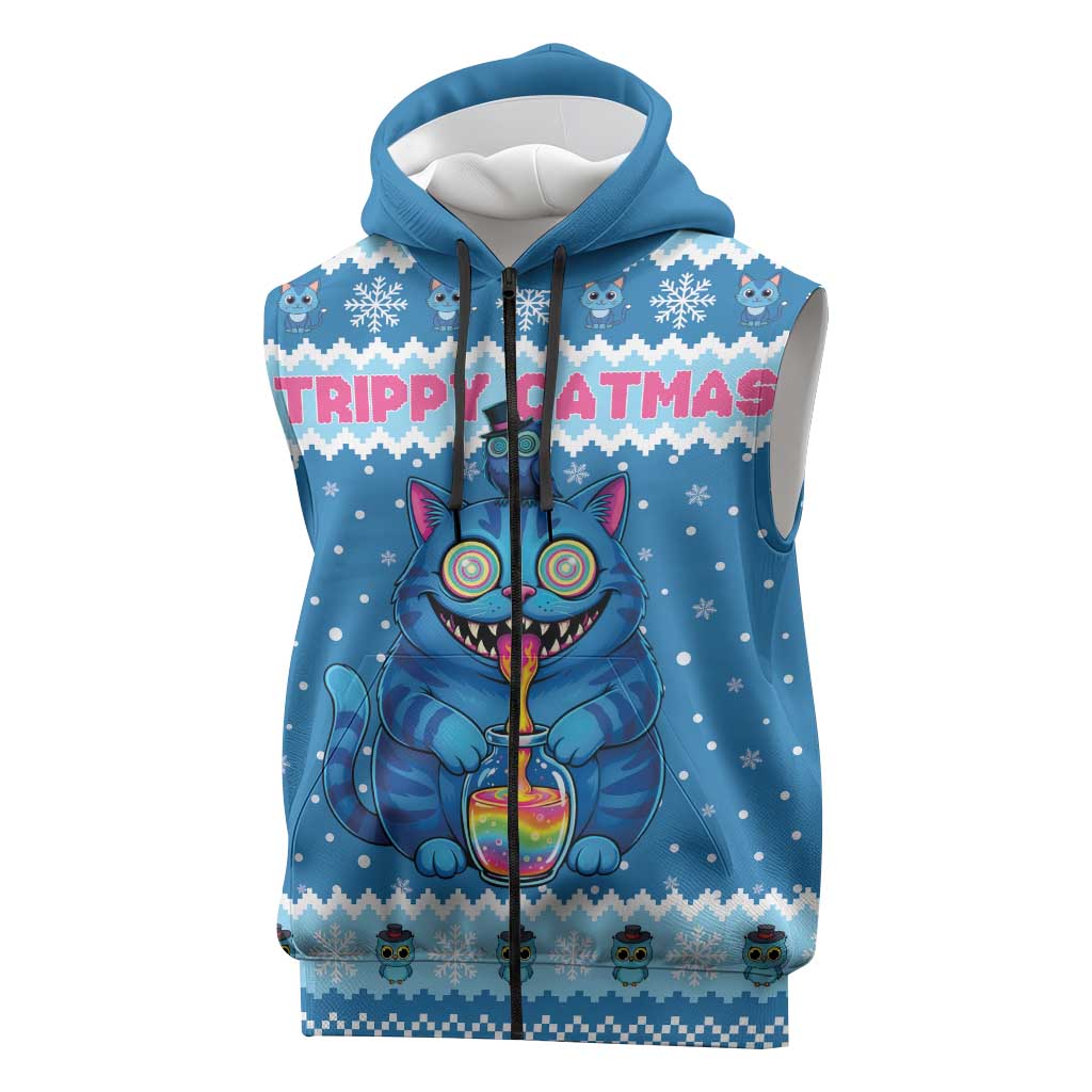 Personalized Trippy Catmas Sleeveless Zip Hoodie Cute Blue Derpy Cat and Owl Companion - Wonder Print Shop