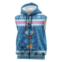 Personalized Trippy Catmas Sleeveless Zip Hoodie Cute Blue Derpy Cat and Owl Companion - Wonder Print Shop