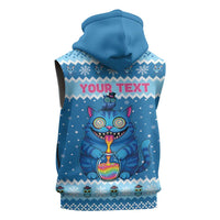 Personalized Trippy Catmas Sleeveless Zip Hoodie Cute Blue Derpy Cat and Owl Companion - Wonder Print Shop