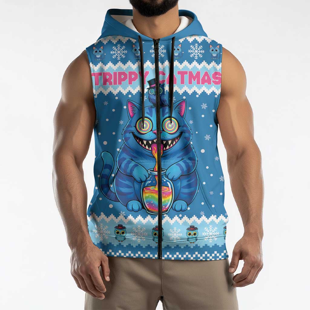 Personalized Trippy Catmas Sleeveless Zip Hoodie Cute Blue Derpy Cat and Owl Companion - Wonder Print Shop