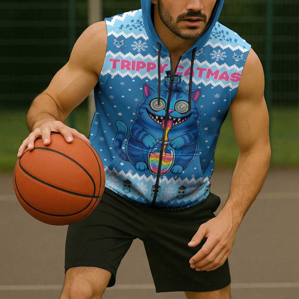 Personalized Trippy Catmas Sleeveless Zip Hoodie Cute Blue Derpy Cat and Owl Companion - Wonder Print Shop