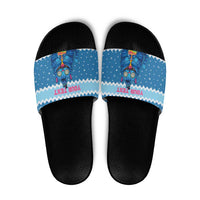 Personalized Trippy Catmas Slide Sandals Cute Blue Derpy Cat and Owl Companion - Wonder Print Shop