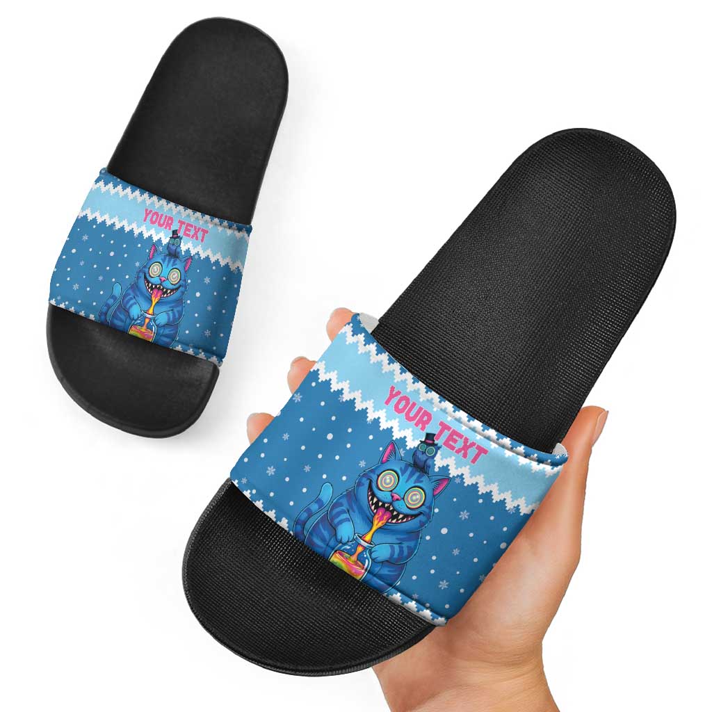 Personalized Trippy Catmas Slide Sandals Cute Blue Derpy Cat and Owl Companion - Wonder Print Shop