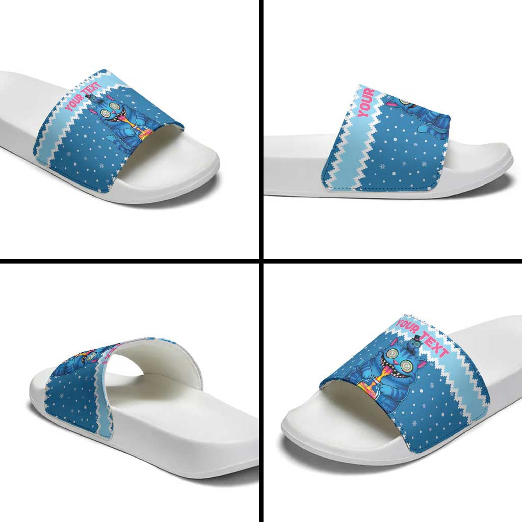 Personalized Trippy Catmas Slide Sandals Cute Blue Derpy Cat and Owl Companion - Wonder Print Shop