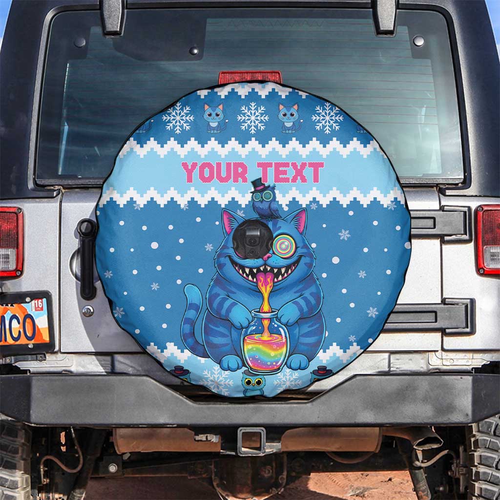 Personalized Trippy Catmas Spare Tire Cover Cute Blue Derpy Cat and Owl Companion - Wonder Print Shop