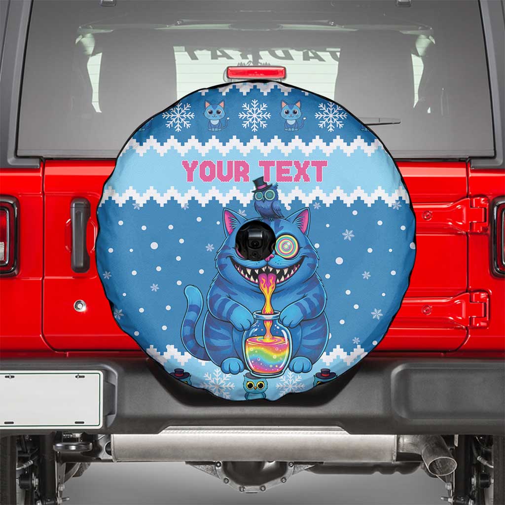 Personalized Trippy Catmas Spare Tire Cover Cute Blue Derpy Cat and Owl Companion - Wonder Print Shop