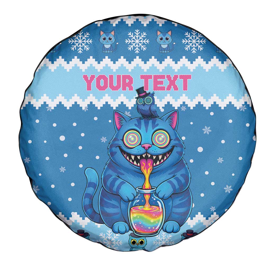 Personalized Trippy Catmas Spare Tire Cover Cute Blue Derpy Cat and Owl Companion - Wonder Print Shop