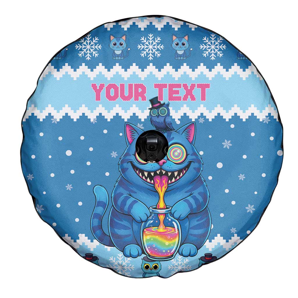 Personalized Trippy Catmas Spare Tire Cover Cute Blue Derpy Cat and Owl Companion - Wonder Print Shop