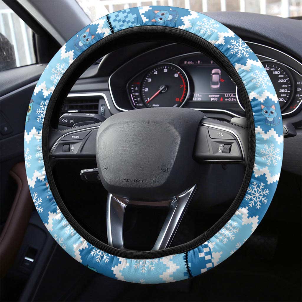 Trippy Catmas Steering Wheel Cover Cute Blue Derpy Cat and Owl Companion - Wonder Print Shop