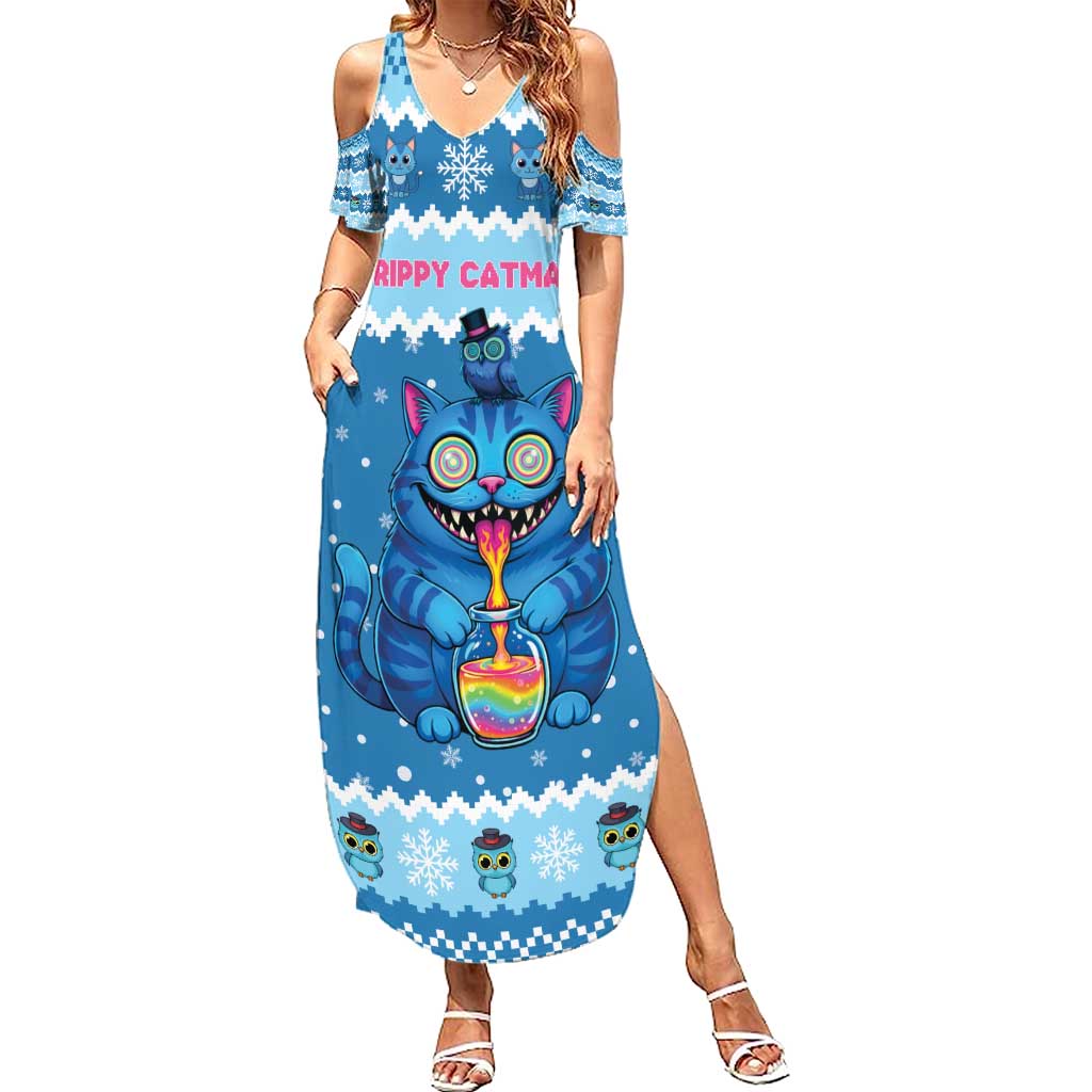Personalized Trippy Catmas Summer Maxi Dress Cute Blue Derpy Cat and Owl Companion - Wonder Print Shop