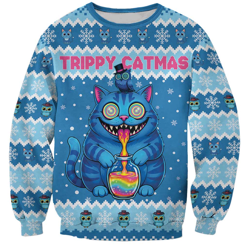 Personalized Trippy Catmas Sweatshirt Cute Blue Derpy Cat and Owl Companion - Wonder Print Shop