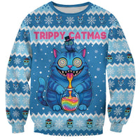 Personalized Trippy Catmas Sweatshirt Cute Blue Derpy Cat and Owl Companion - Wonder Print Shop