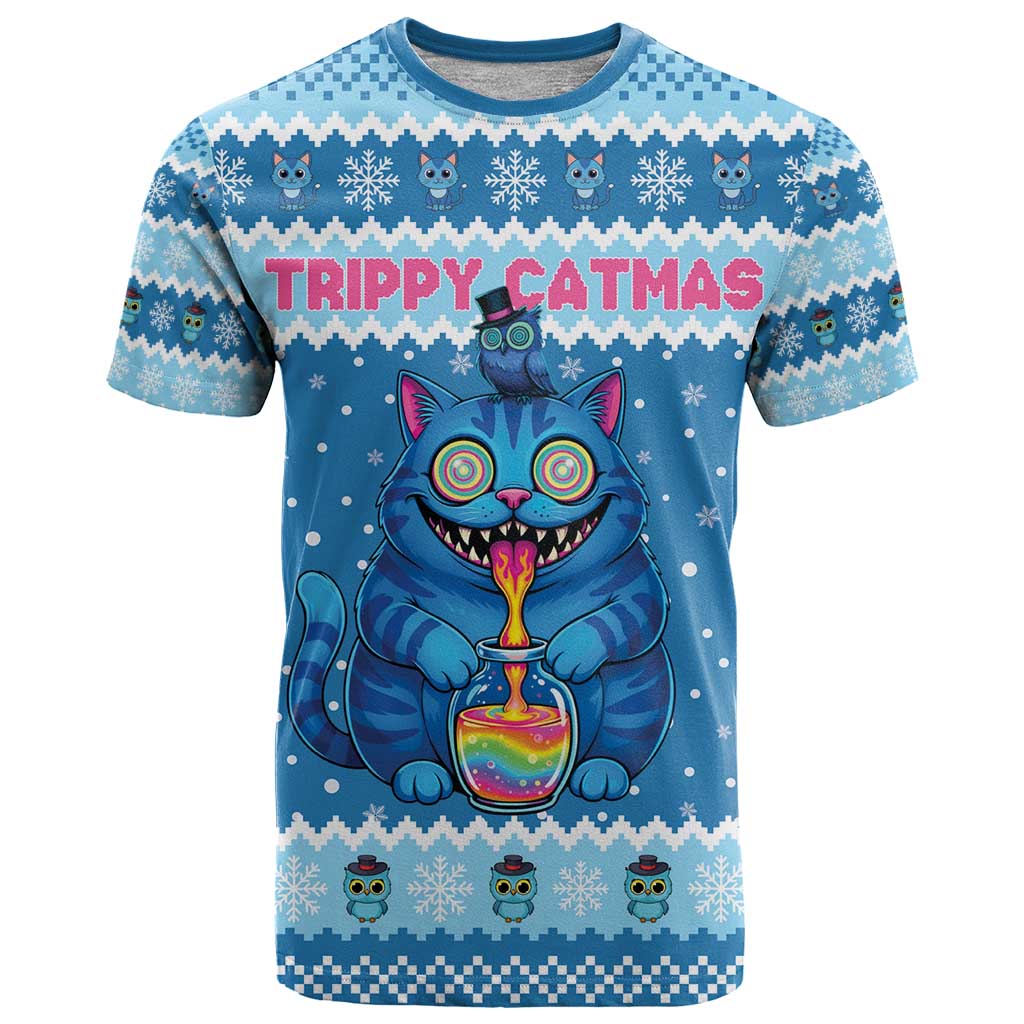 Personalized Trippy Catmas T Shirt Cute Blue Derpy Cat and Owl Companion - Wonder Print Shop