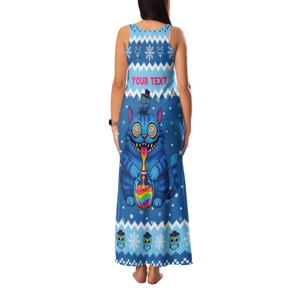 Personalized Trippy Catmas Tank Maxi Dress Cute Blue Derpy Cat and Owl Companion - Wonder Print Shop