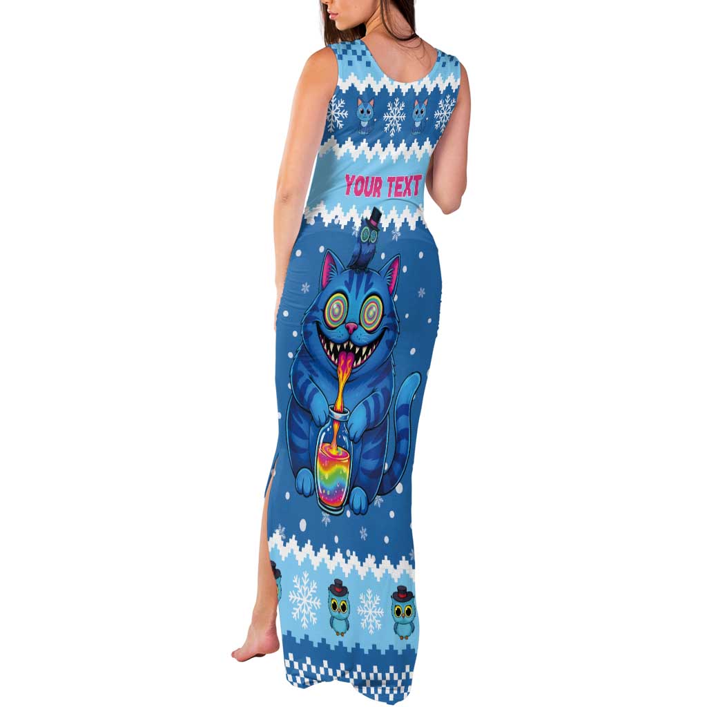 Personalized Trippy Catmas Tank Maxi Dress Cute Blue Derpy Cat and Owl Companion - Wonder Print Shop