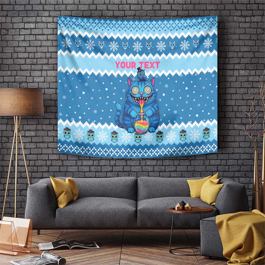 Personalized Trippy Catmas Tapestry Cute Blue Derpy Cat and Owl Companion - Wonder Print Shop