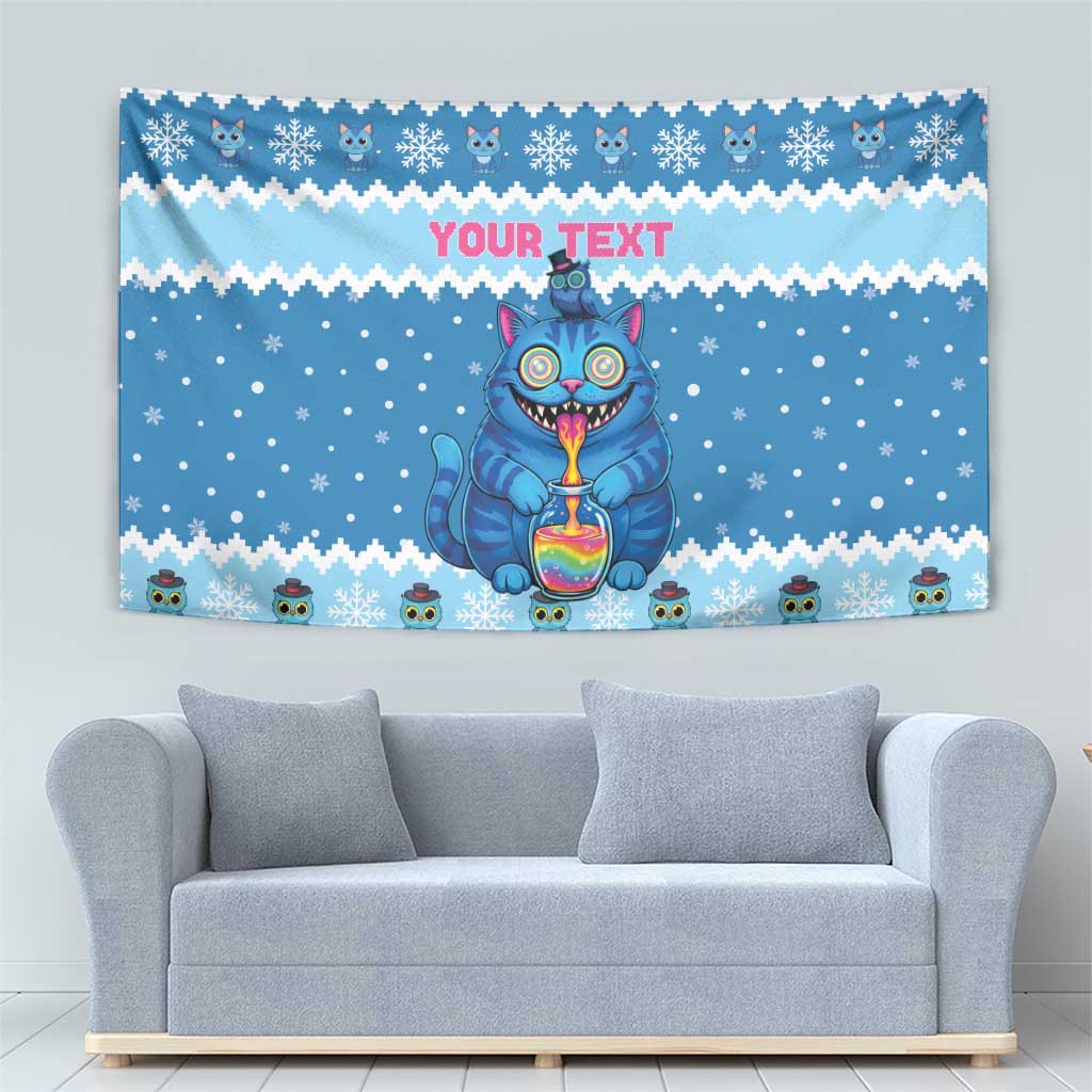 Personalized Trippy Catmas Tapestry Cute Blue Derpy Cat and Owl Companion - Wonder Print Shop