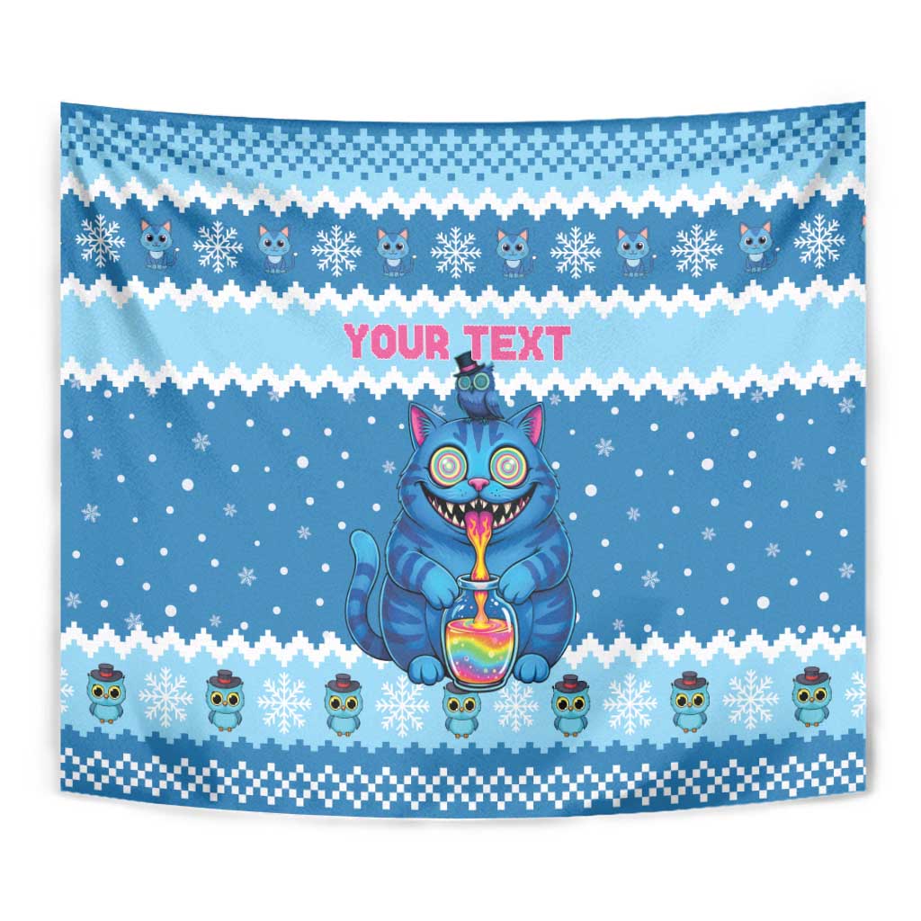 Personalized Trippy Catmas Tapestry Cute Blue Derpy Cat and Owl Companion - Wonder Print Shop