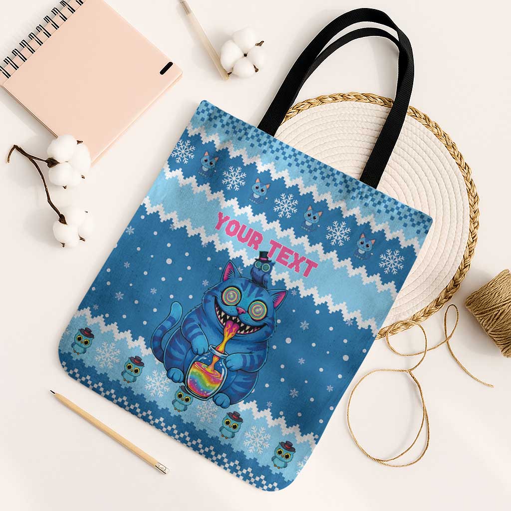 Personalized Trippy Catmas Tote Bag Cute Blue Derpy Cat and Owl Companion - Wonder Print Shop