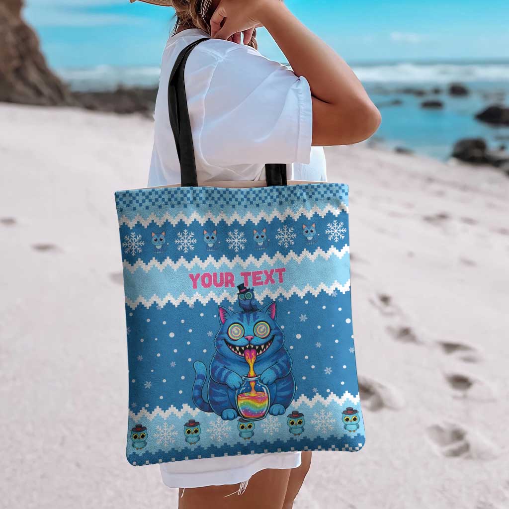 Personalized Trippy Catmas Tote Bag Cute Blue Derpy Cat and Owl Companion - Wonder Print Shop