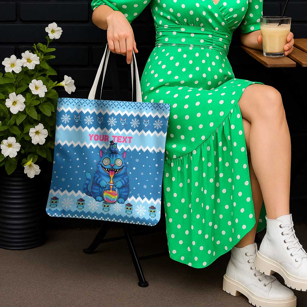 Personalized Trippy Catmas Tote Bag Cute Blue Derpy Cat and Owl Companion - Wonder Print Shop