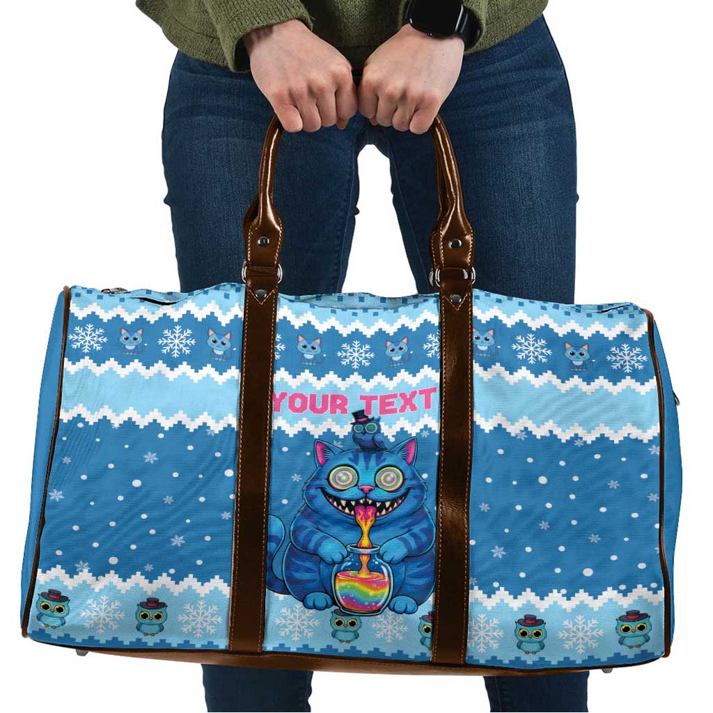 Personalized Trippy Catmas Travel Bag Cute Blue Derpy Cat and Owl Companion - Wonder Print Shop