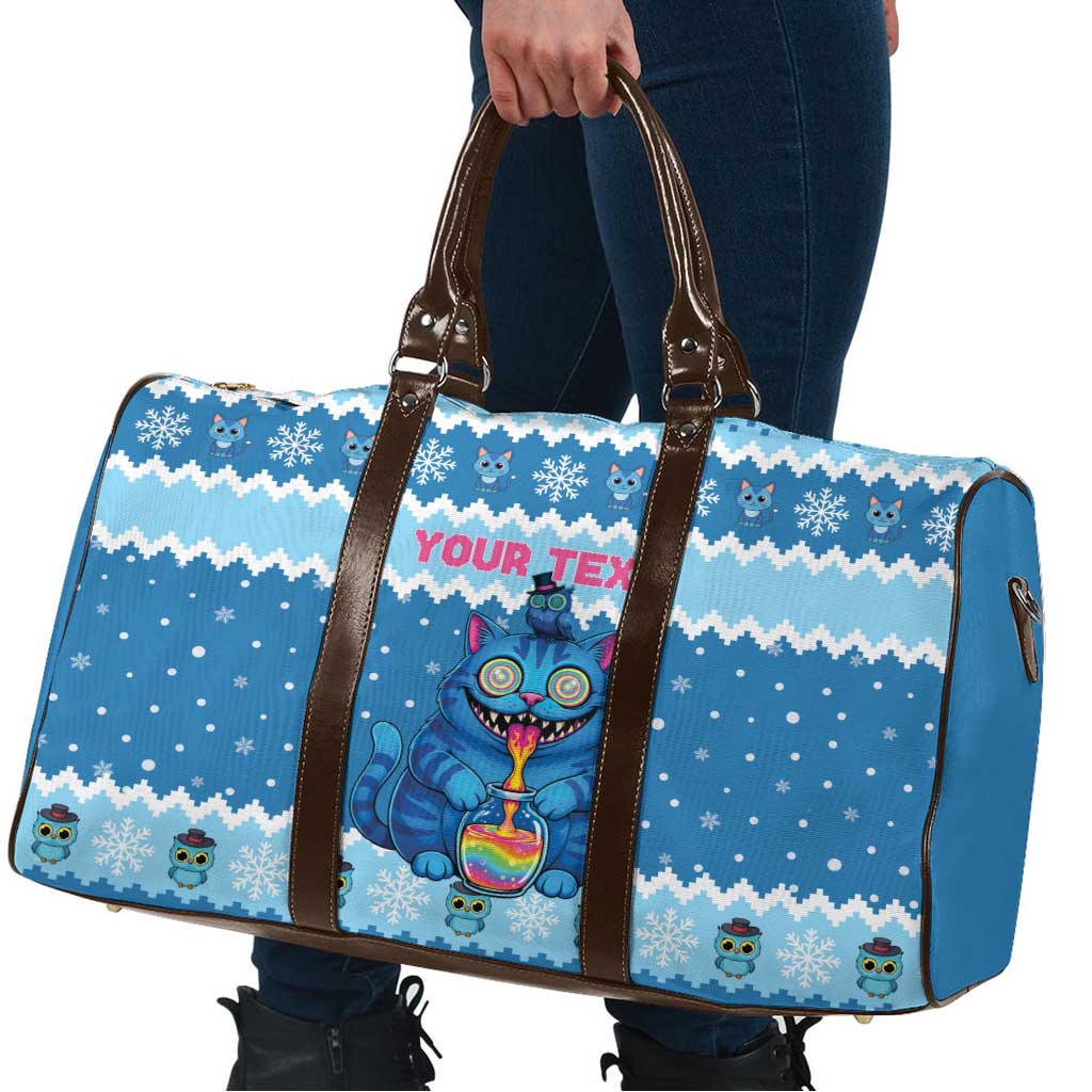 Personalized Trippy Catmas Travel Bag Cute Blue Derpy Cat and Owl Companion - Wonder Print Shop
