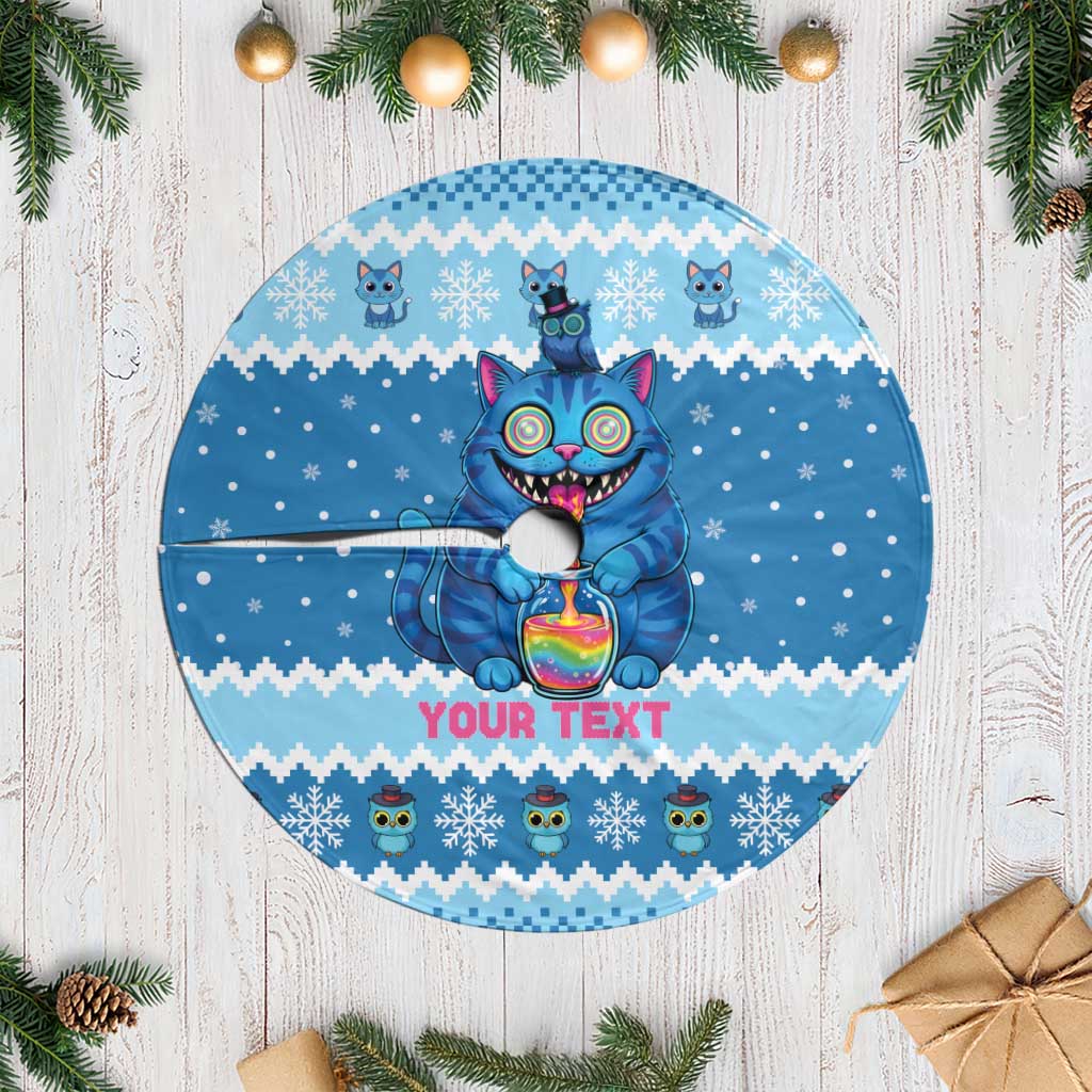 Personalized Trippy Catmas Tree Skirt Cute Blue Derpy Cat and Owl Companion - Wonder Print Shop