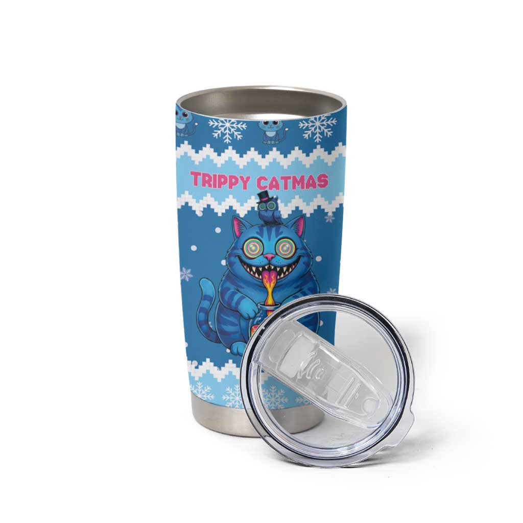Personalized Trippy Catmas Tumbler Cup Cute Blue Derpy Cat and Owl Companion - Wonder Print Shop
